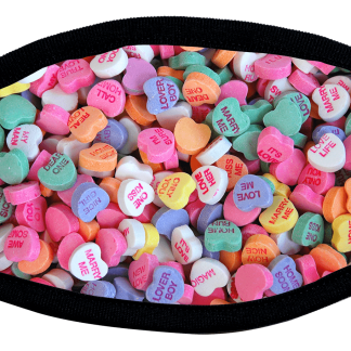 Protective face mask with candy heart design